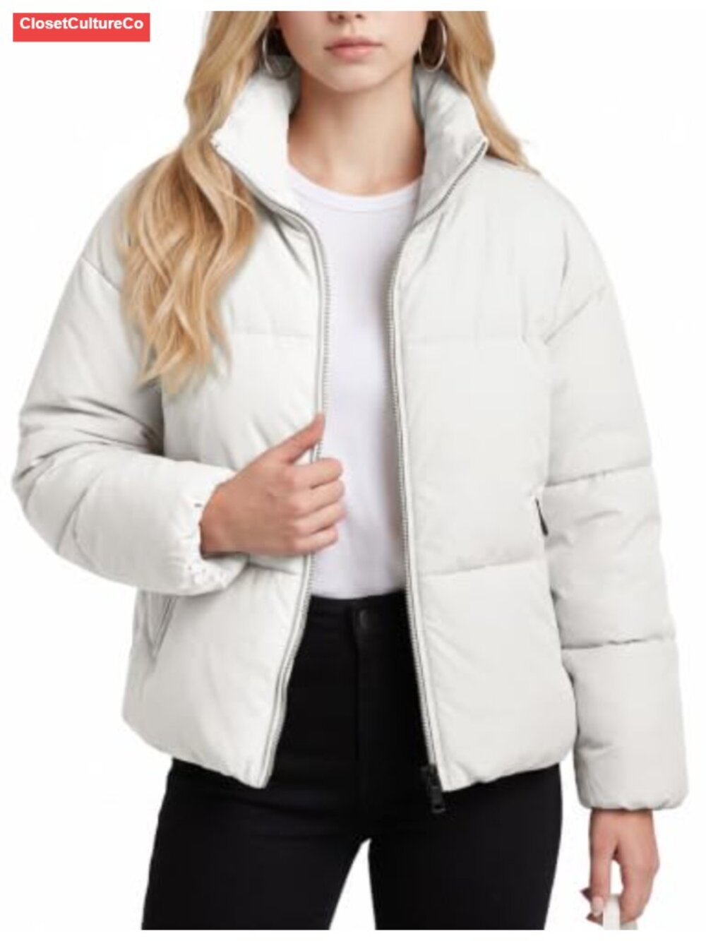 Women Cropped Puffer Jacket Quilted Winter Zip-Up Coat